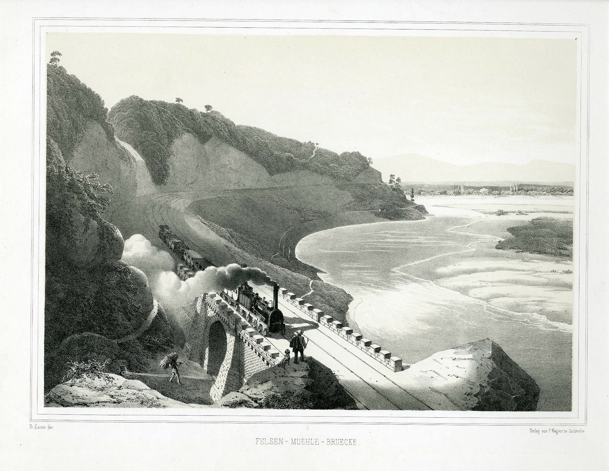 Zug am Isteiner Klotz, Lithografie von Friedrich Kaiser, 1851.#Sammlung Dreiländermuseum Lörrach Inv.-Nr. BKKa8