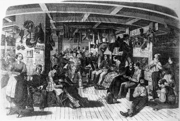 Deutsche Auswanderer auf dem Weg nach Amerika im Zwischendeck eines Segelschiffes.#Von Bundesarchiv, Bild 137-041316 / Unbekannt / CC-BY-SA 3.0, CC BY-SA 3.0 de, https://commons.wikimedia.org/w/index.php?curid=5337519