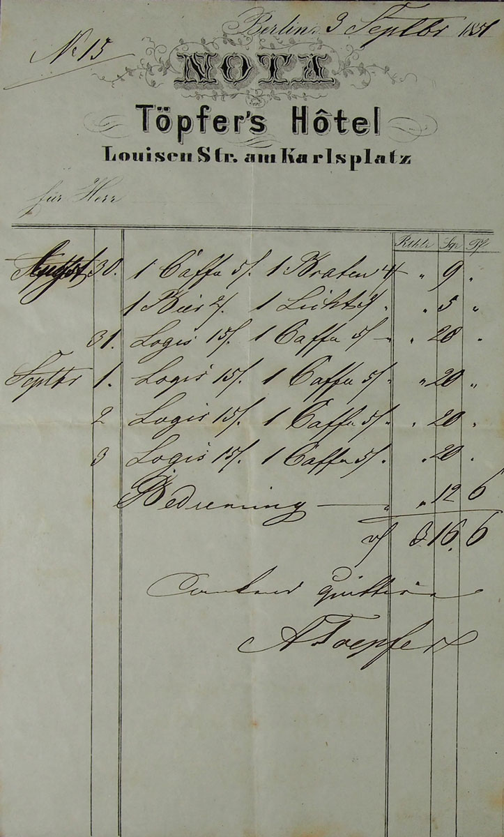 Quittung von Töpfer’s Hotel in Berlin#Jonas Breitenstein Nachlass im Dichter- und Stadtmuseum Liestal.