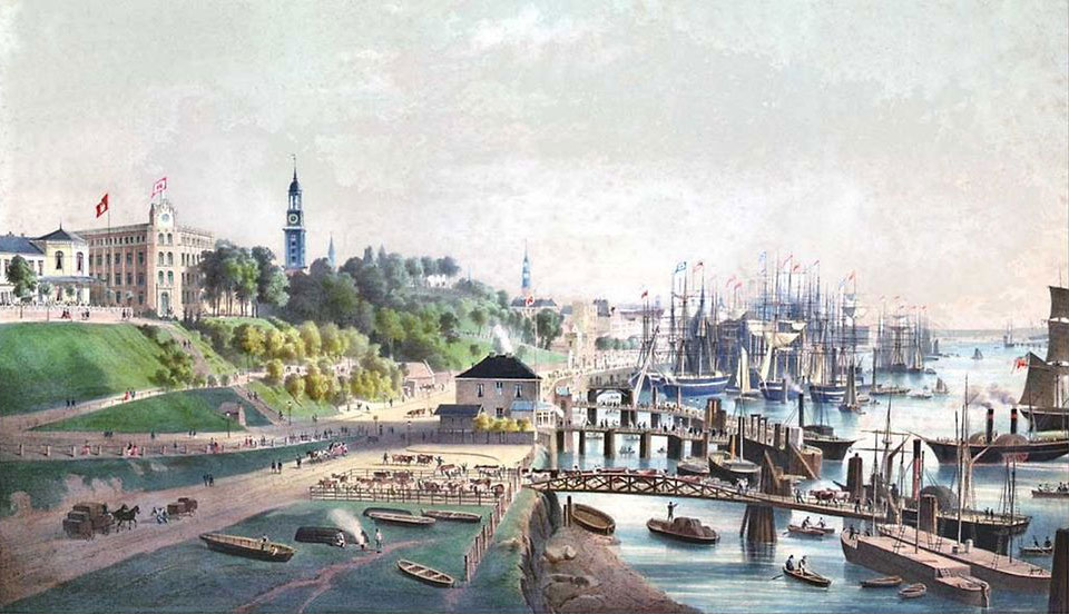 Blick auf die Landungsbrücken 1860. Die schmutzigen Dampfschiffe mussten an den St. Pauli-Landungsbrücken im Jonashafen anlanden.#https://www.hamburg.de/image/241540/16x9/990/557/f0d9de125267031767a1d07265dde5f8/Ai/ansichten-von-hafen-und-elbe-08.jpg