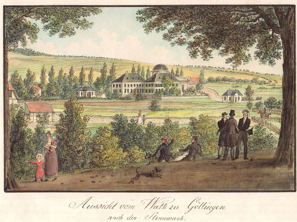 Blick vom Wall auf die Sternwarte, erbaut 1803–1816 unter westfälischer Herrschaft (König Jérôme Bonaparte). Ihr Direktor war von Beginn an Karl Friedrich Gauss. Aquarellierte Federzeichnung um 1835 von Friedrich Besemann.#Städtisches Museum Göttingen, Inv.Nr. 1976/55.