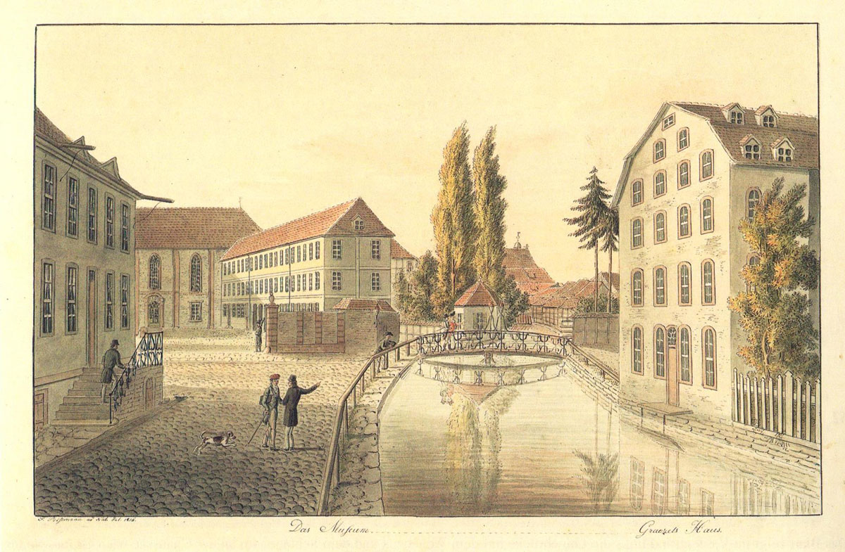 Am Leinekanal mit Blick auf den kleinen Gartenpavillon, links öffnet sich die Strasse und der Hof vor der Bibliothek. Aquarellierte Federzeichnung von Friedrich Besemann um 1820.#Städtisches Museum Göttingen, Inv.Nr. 1933/23.