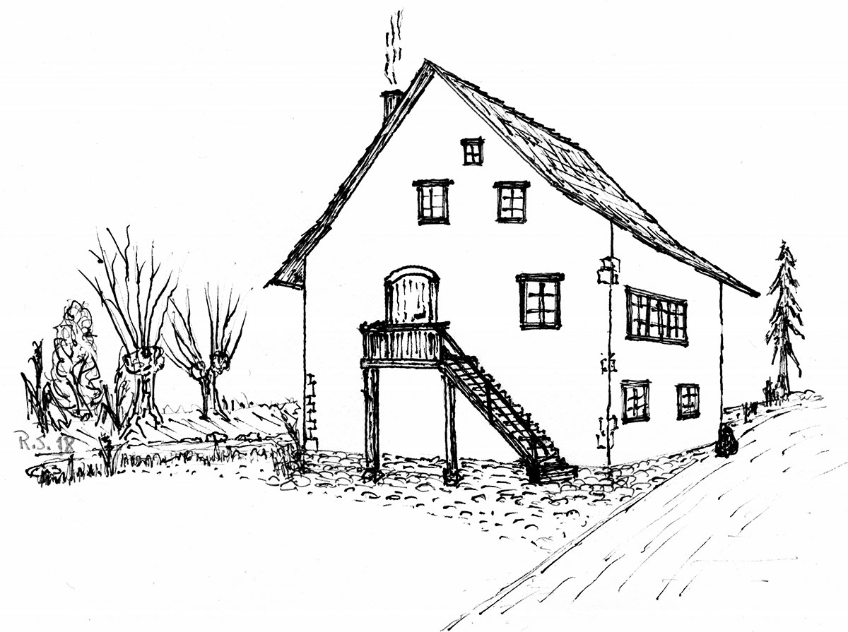 Jonas Breitensteins Geburtshaus in Ziefen (BL), welches gleichzeitig als Schulhaus diente, im damaligen Zustand.#Rekonstruktionszeichnung von Remigius Suter.