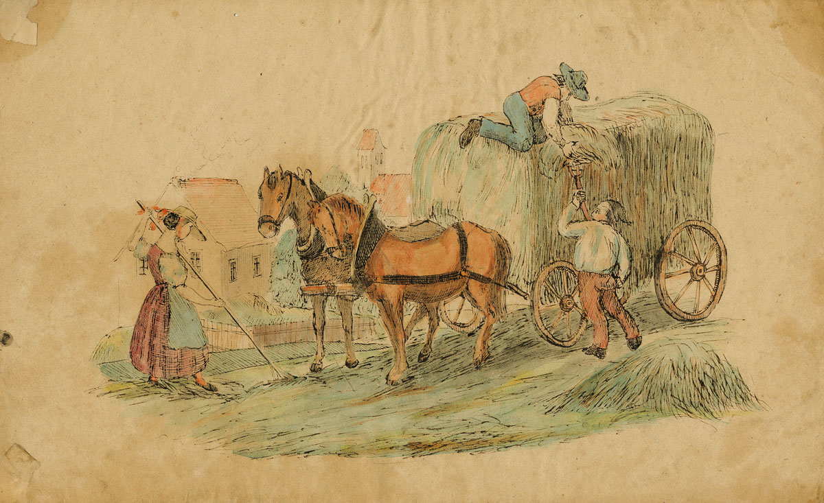Beim Heuaufladen. Kolorierte Federzeichnung von Jonas Breitenstein.#Ortsmuseum Binningen.